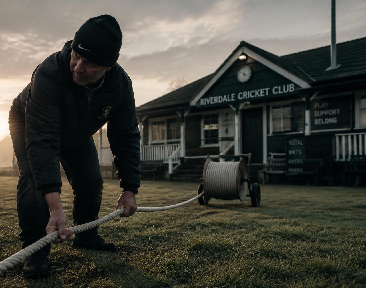 Club volunteer laying the boundary rope at dawn